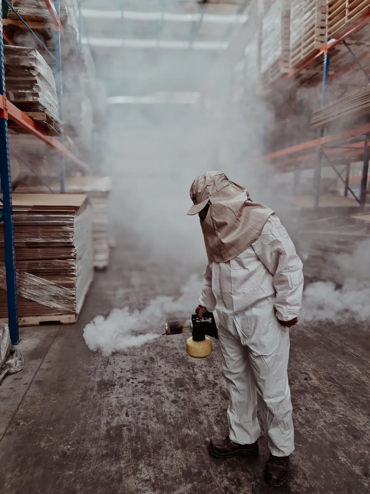 A pest control technician in a white protective suit and hood fogs the aisle of a warehouse, the treatment spreading along the floor between pallet racks.